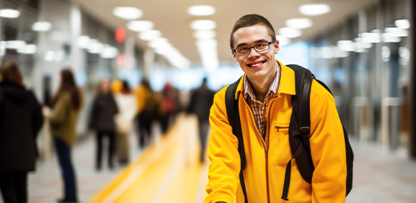 smiling young man in yellow jacket with backpack in busy indoor setting with blurred background of people in motion showcasing vibrant environment and community engagement