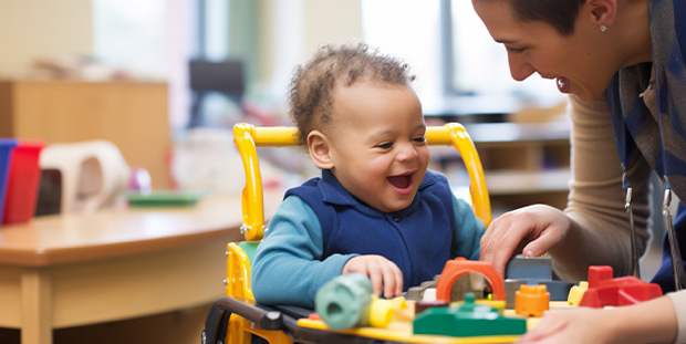happy child playing with colorful toys and caregiver in classroom engaging in playful learning 7 fun activities