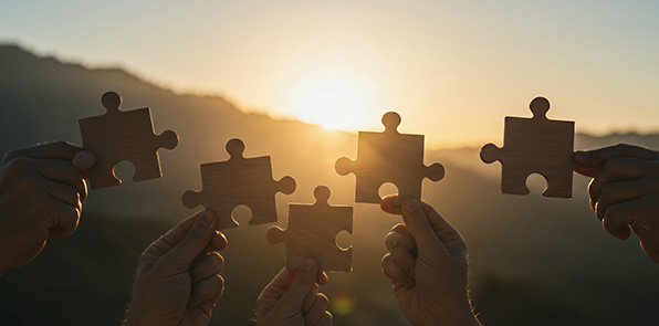hands holding wooden puzzle pieces at sunset with mountains in the background teamwork and collaboration 3 pieces together